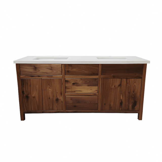 Wooden bathroom vanity with white countertop on a white background