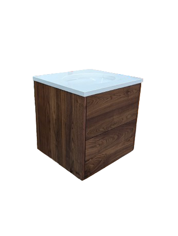 Wooden cabinet with a white countertop on a white background