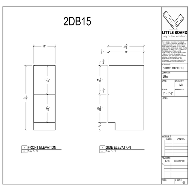 Technical drawing of a cabinet with dimensions labeled, featuring 'Little Board' branding.