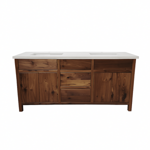 Wooden bathroom vanity with white countertop on a white background