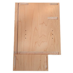Two wooden boards with metal brackets on a white background