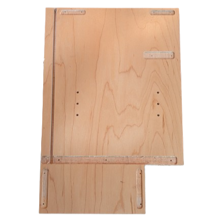 Two wooden boards with metal brackets on a white background