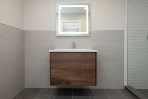 Wooden vanity with white countertop on a white background