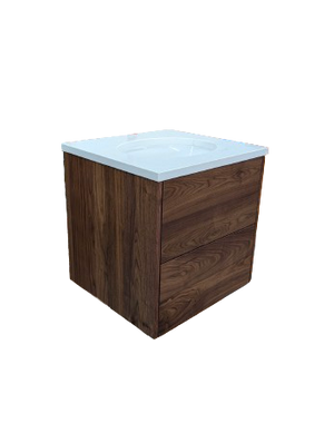 Wooden cabinet with a white countertop on a white background