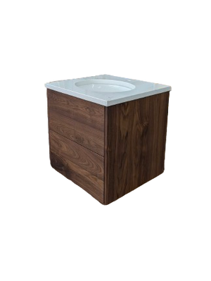 Wooden side table with a white top on a white background