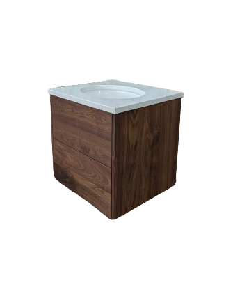 Wooden side table with a white top on a white background